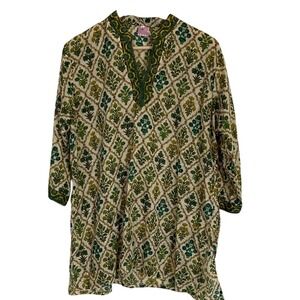 Mod's Mahal Womens Tunic Blouse Size XL Green Cream Botanical Pattern 3/4 Sleeve